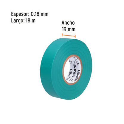 Cinta de aislar de 18 m x 19 mm, verde, Truper - CÓDIGO: 12502