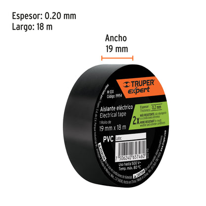 Cinta de aislar 19mm x 18m Truper Expert - CÓDIGO: 19954