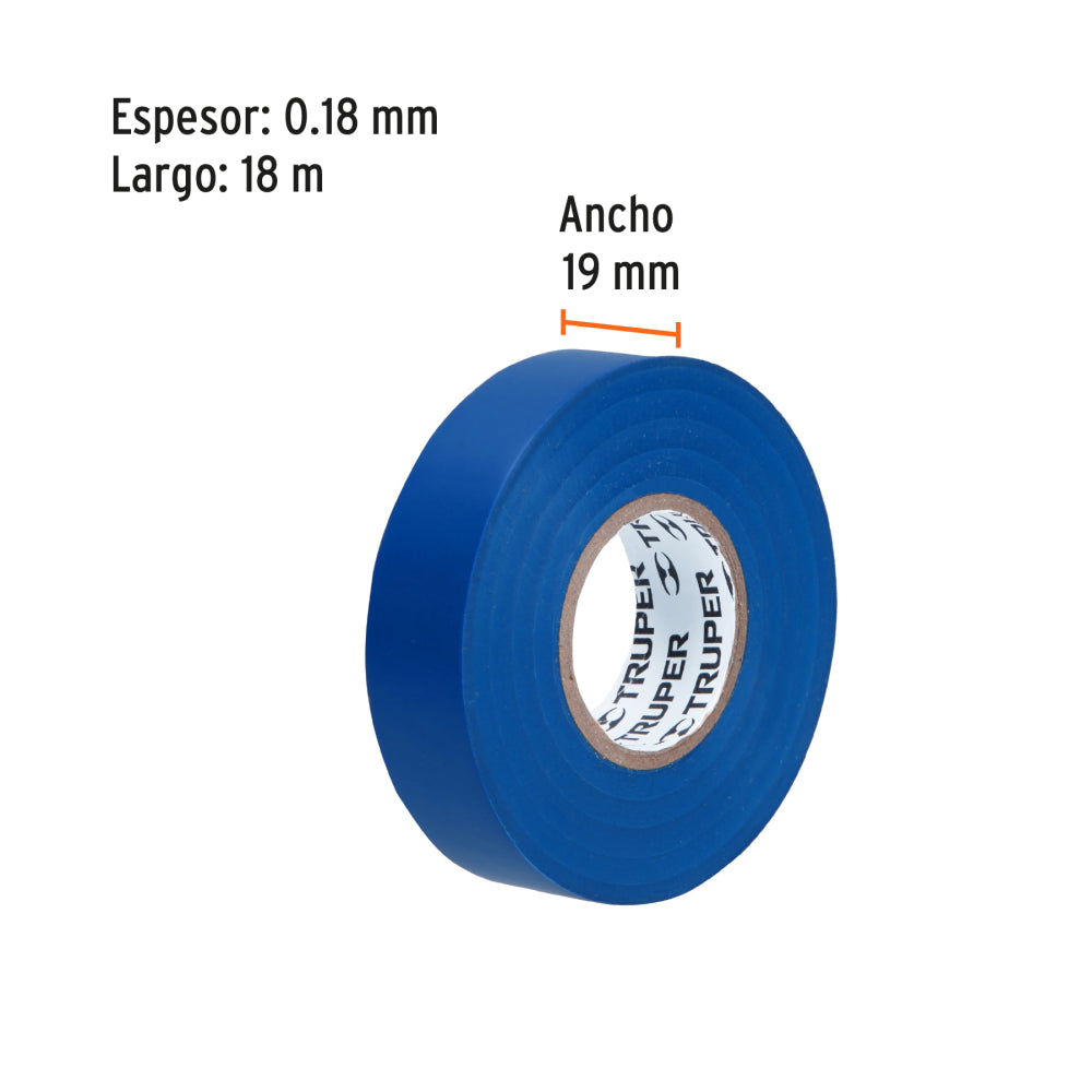 Cinta de aislar de 18 m x 19 mm, azul, Truper - CÓDIGO: 12505