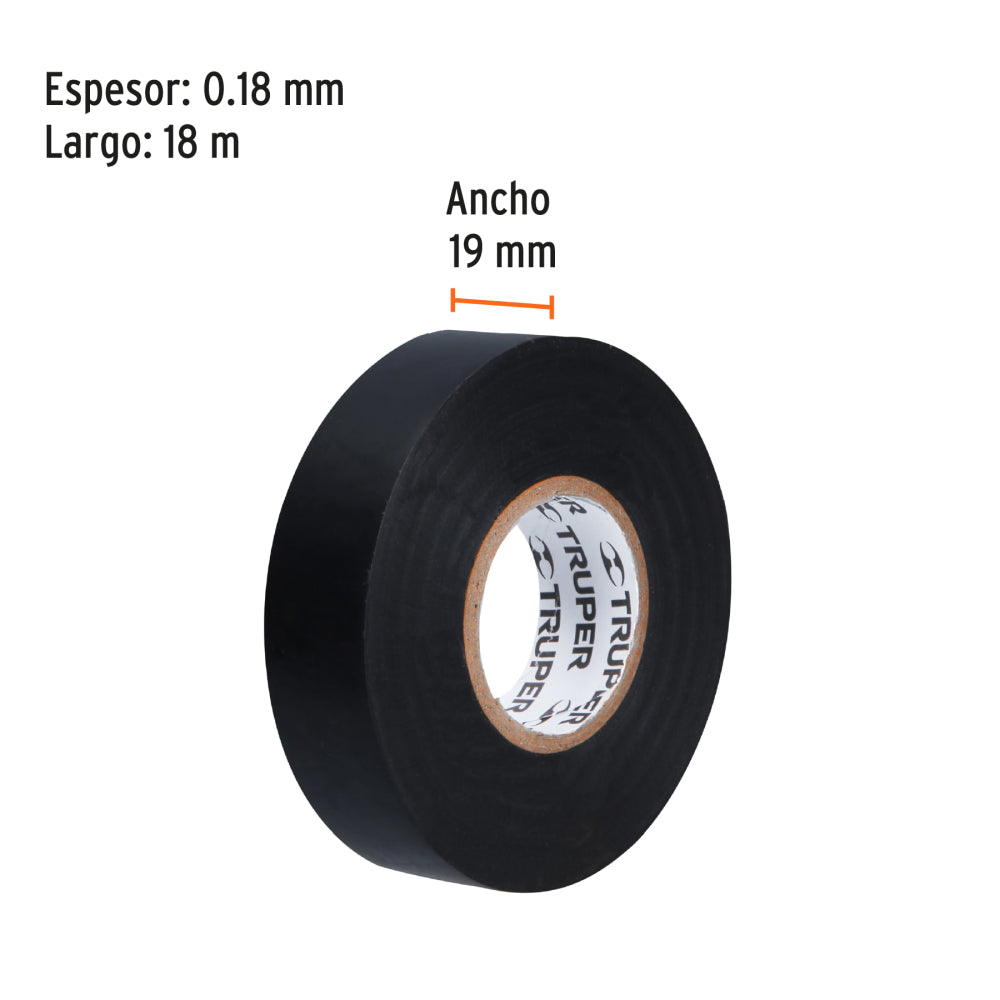 Cinta de aislar de 18 m x 19 mm, negra, Truper - Código: 12500