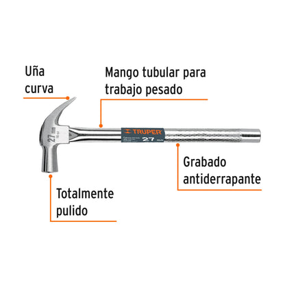 Martillo cabeza cónica 27 mm uña curva, mango tubular,TRUPER - Código: 10914