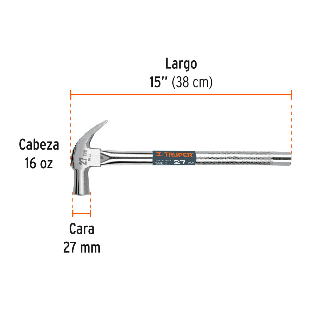 Martillo cabeza cónica 27 mm uña curva, mango tubular,TRUPER - Código: 10914