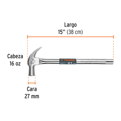 Martillo cabeza cónica 27 mm uña curva, mango tubular,TRUPER - Código: 10914