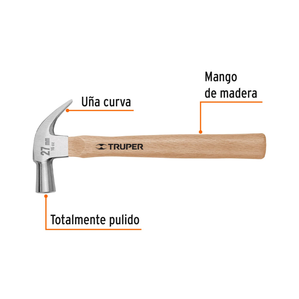Martillo cabeza cónica 27 mm uña curva, mango madera, TRUPER - Código: 10560