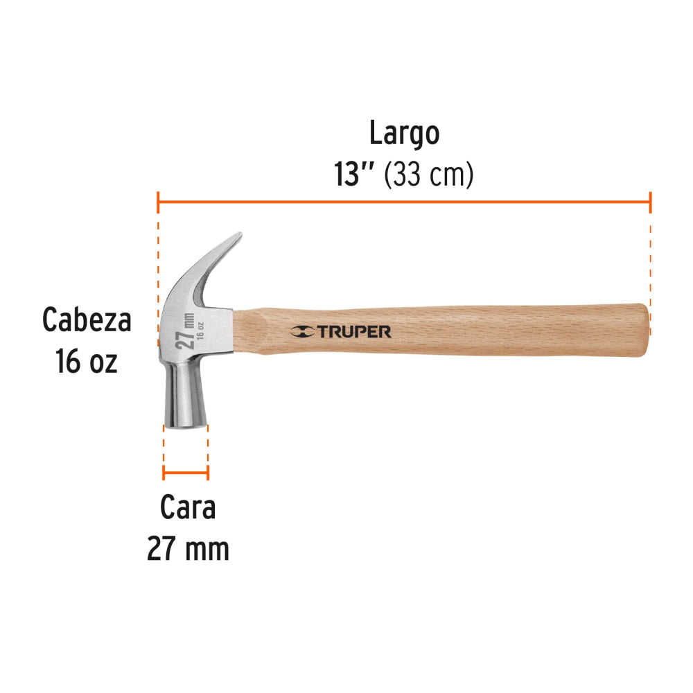 Martillo cabeza cónica 27 mm uña curva, mango madera, TRUPER - Código: 10560
