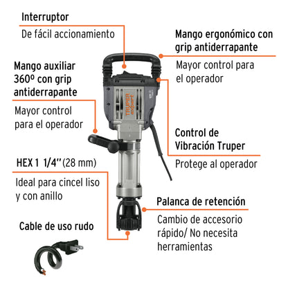 Martillo demoledor HEX 20kg 55J, 1600W, Truper Expert - CÓDIGO: 102468