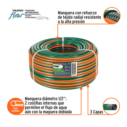 Metro de manguera 1/2" 3 capas en rollo de 100 m, Truper - CÓDIGO: 19857