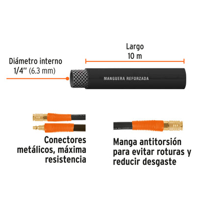Manguera para compresor, de hule, 10m x 1/4", Truper - Cod: 17080