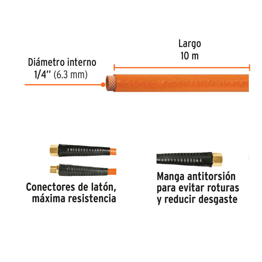 Manguera para compresor, de PVC, 10m x 1/4", Truper - CÓDIGO: 19014