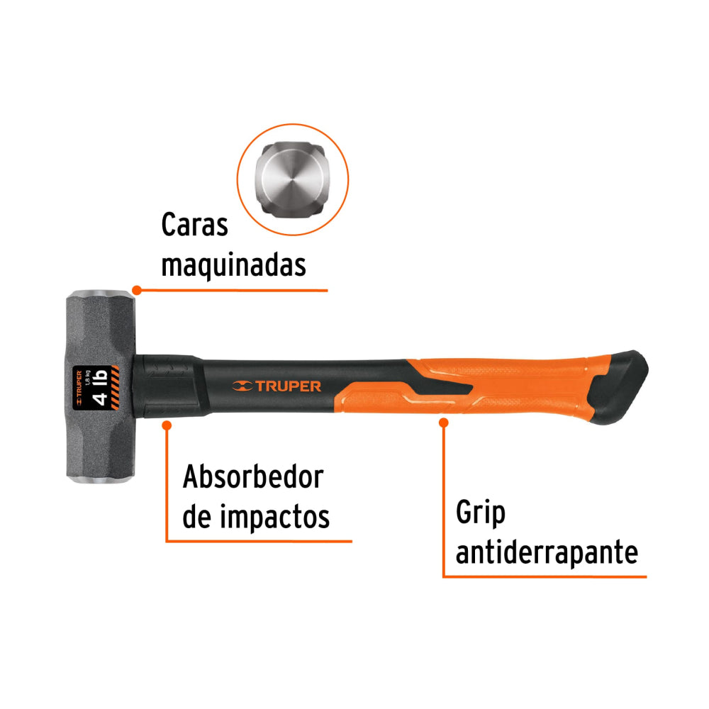 Marro octagonal 4 lb, mango de fibra de vidrio 14", Truper - Código: 16536