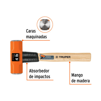 Marro octagonal 4 lb, mango de madera 12", Truper - Cod: 16508