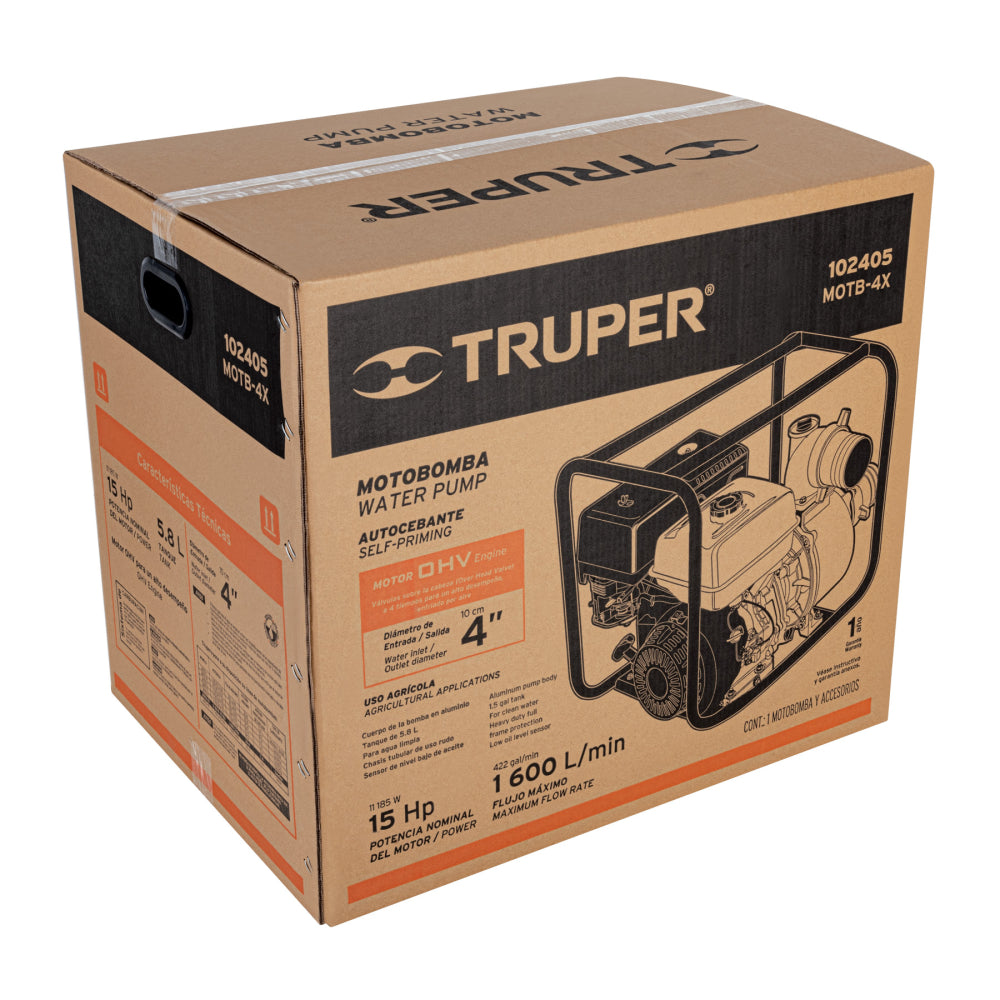 Motobomba autocebante 4"x4", gasolina 15HP, agrícola, TRUPER - Código: 102405