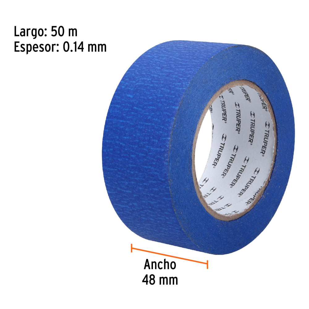Cinta masking tape azul de 2" x 50 m para pintor, Truper - CÓDIGO: 12624