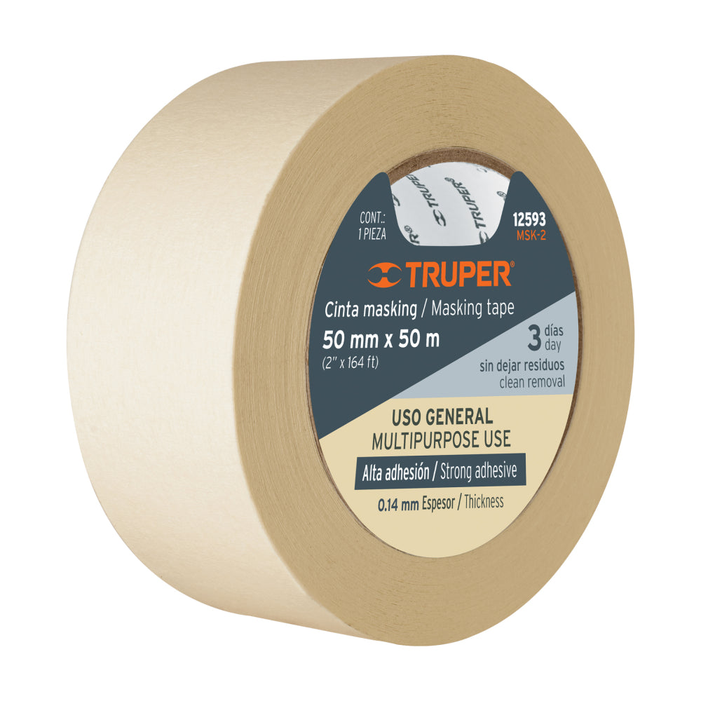 Cinta masking tape de 2" x 50 m, Truper - CÓDIGO: 12593