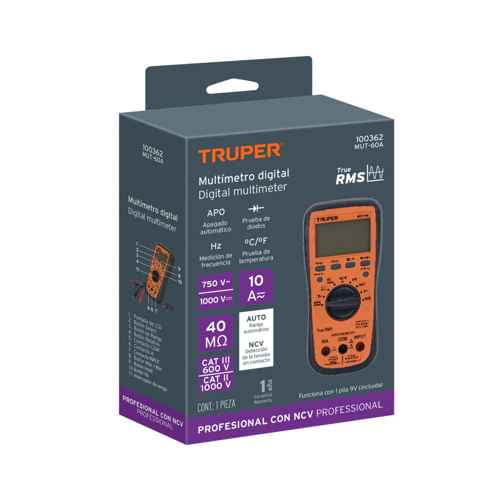 Multímetro profesional con RMS verdadero y auto rango Deluxe - CÓDIGO: 100362