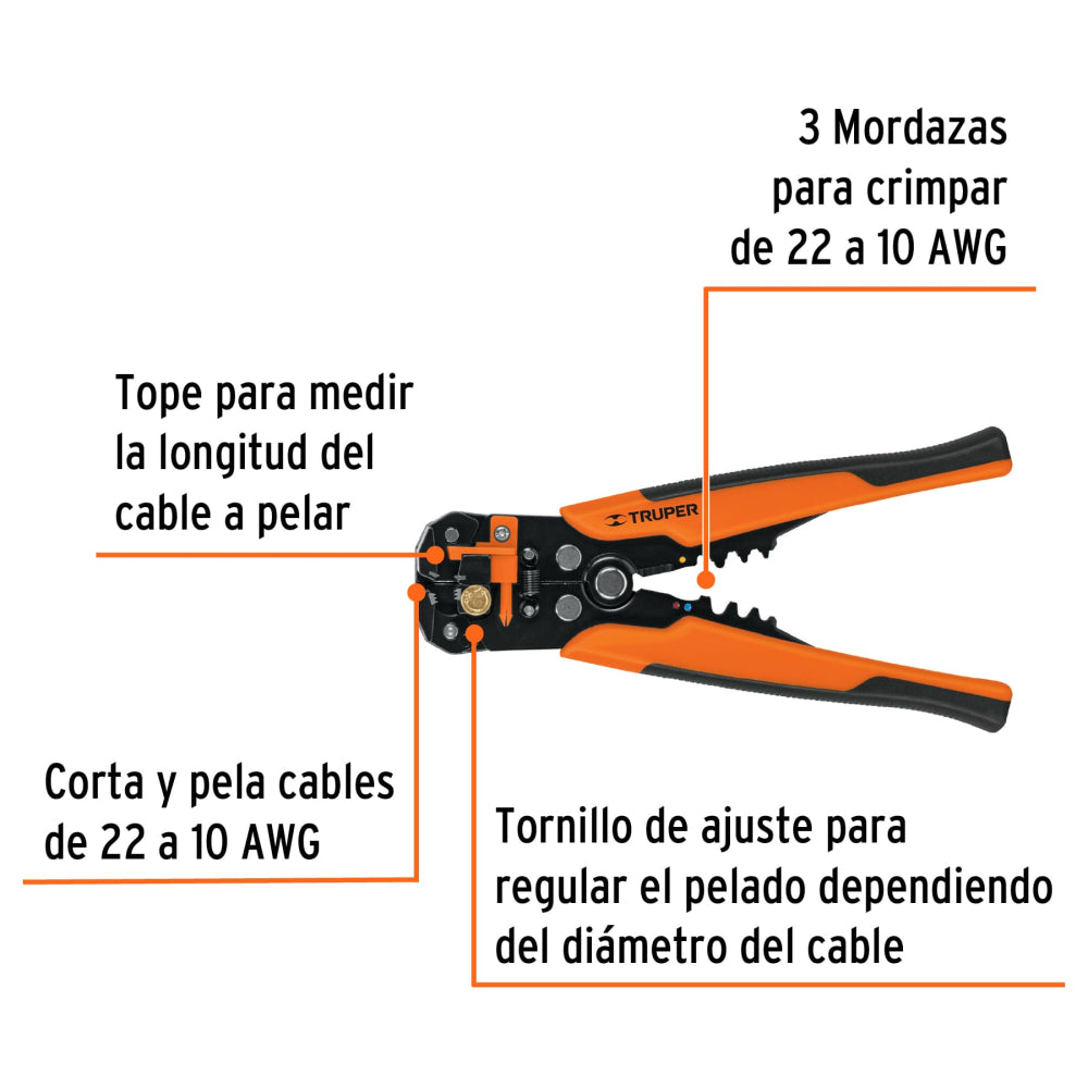 Pinza 8" pela cables automática, 22 a 10 AWG, TRUPER - Cod: 17360