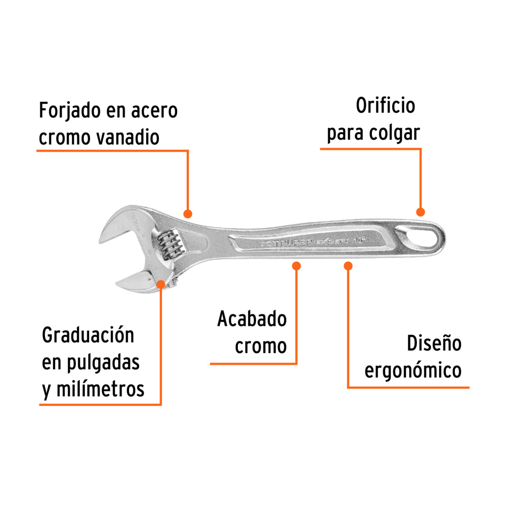 Llave ajustable (perico) 10" profesional cromada, Expert - Cod:15507