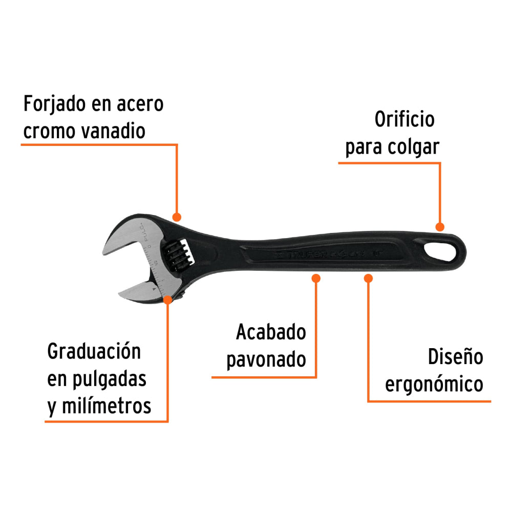 Llave ajustable (perico) 10" profesional pavonada, Expert - Cod: 15502