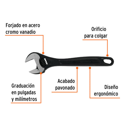 Llave ajustable (perico) 10" profesional pavonada, Expert - Cod: 15502