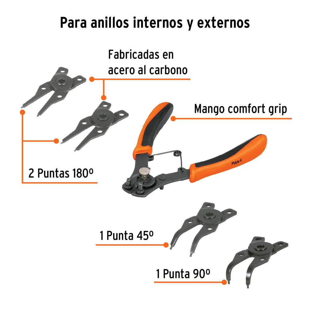 Pinza para anillos de retención 6" 4 cabezas intercambiables - Cod: 17355
