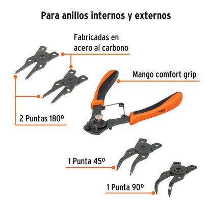 Pinza para anillos de retención 6" 4 cabezas intercambiables - Cod: 17355