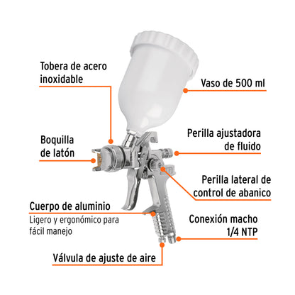 Pistola p/pintar gravedad HVLP vaso plástico, 1.4 mm, Truper - Código: 12128