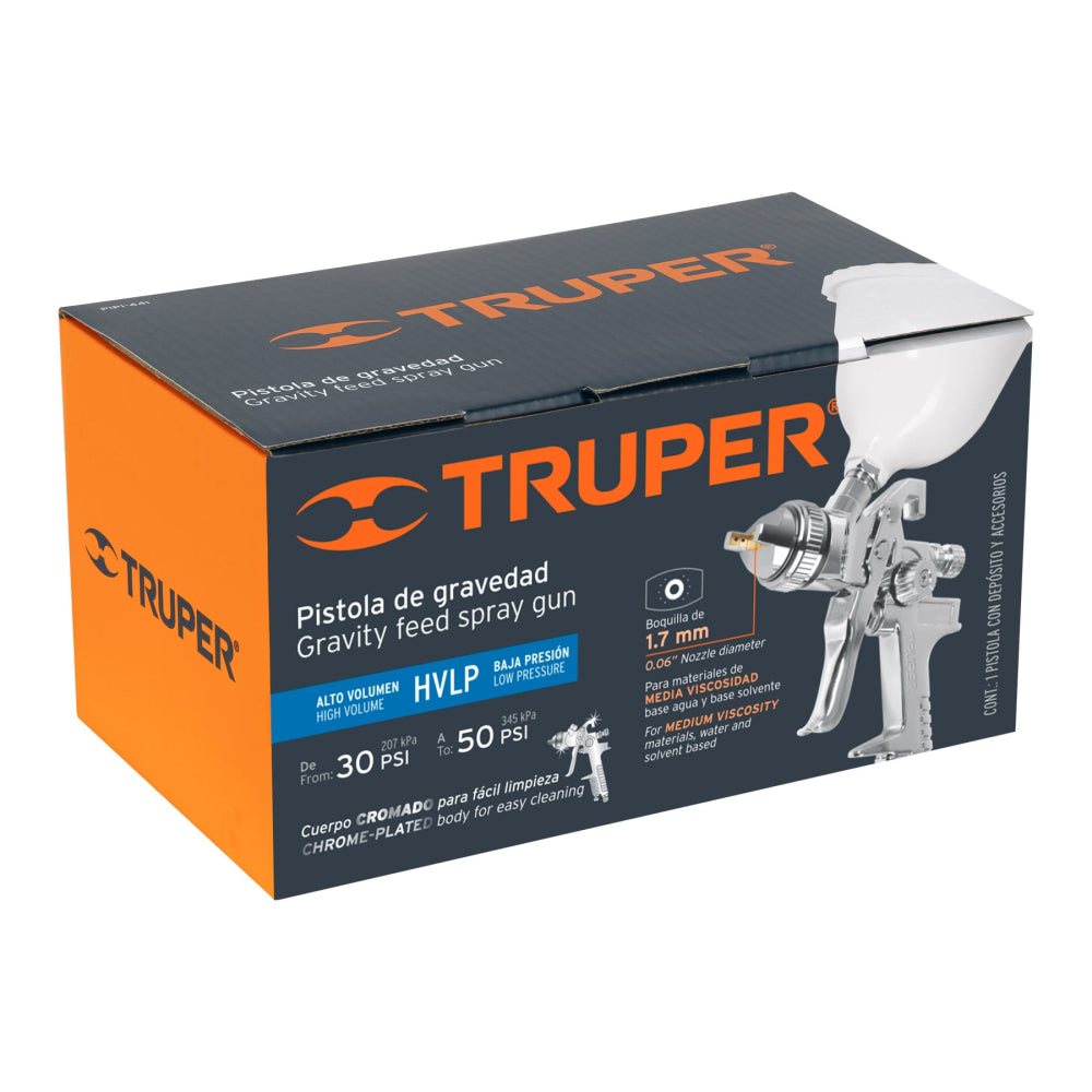 Pistola p/pintar gravedad HVLP vaso plástico, 1.7 mm, Truper - Código: 12129