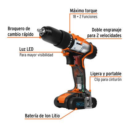 Rotomartillo inalámbrico, batería ion Litio 20V, 1/2",(220 V - Código: 11020