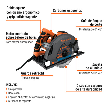 Sierra circular, 7-1/4", profesional, 220 V, 1500 W - Código: 11005